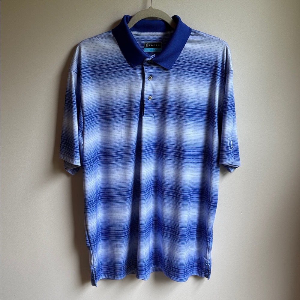 PGA Tour Blue and White Striped Men's Polo‎ Shirt Size XL